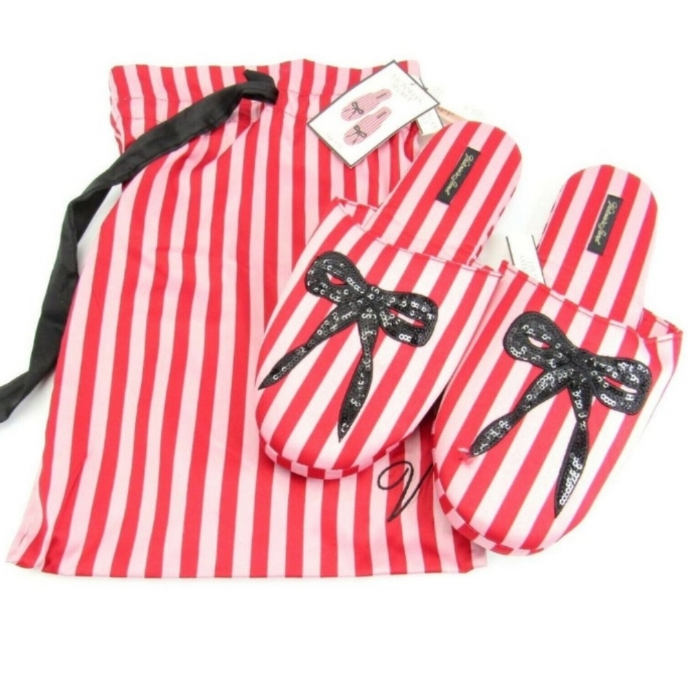 NWT Size 7/8 Victoria's Secret Iconic Red & Pink Strips W/ Sparkly Bow Slippers - Picture 2 of 16
